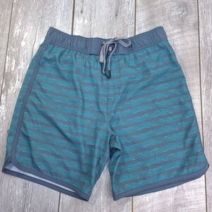 Prana Board Shorts Mens Large Gray Teal Wavy Dot Print Swim Trunks Drawstring